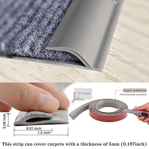 Self Adhesive Carpet Transition Strip with Edge Trim, Designed for Seamless Transitions from Carpet to Tile or Vinyl Floors, Perfect for Doorways.(Gray,10ft)