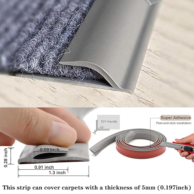 Self Adhesive Carpet Transition Strip with Edge Trim, Designed for Seamless Transitions from Carpet to Tile or Vinyl Floors, Perfect for Doorways.(Gray,7ft)