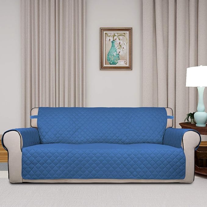 PureFit Reversible Quilted Sofa Cover, Water Resistant Slipcover Furniture Protector, Washable Couch Cover with Non Slip and Elastic Straps for Kids, Dogs, Pets (Sofa, Blue/Ivory)