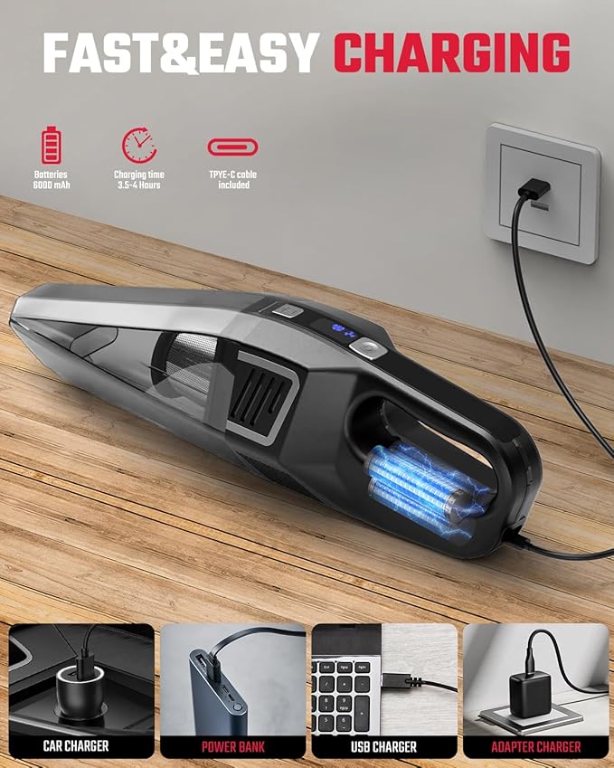 Handheld Vacuum Cordless, 9000PA Strong Suction, 2 Suction Modes, Fast Type-C Charging, Lightweight, Portable Car Vacuum Cleaner with for Home Pet Office