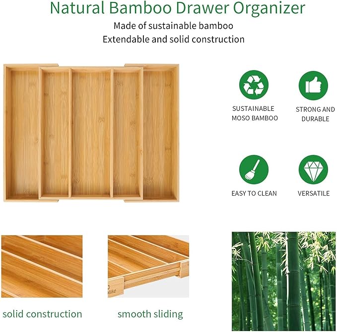 Utoplike Bamboo Expandable Kitchen Drawer Organizer, Adjustable Utensil Holder and Cutlery Tray Organiser, Drawer Divider for Silverware, Flatware, Knives in Kitchen, Bedroom, Living Room, 5 Slot