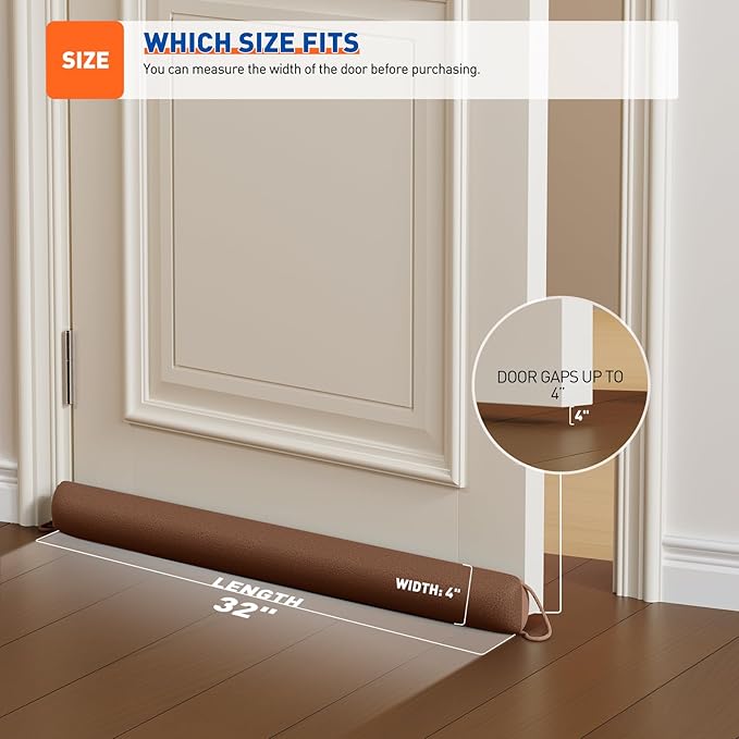 MAGZO Door Draft Stopper, 32 Inch Under Door Draft Blocker Noise Stopper, Weighted Wind Blocker Draft Guard for Bottom of Door, Brown