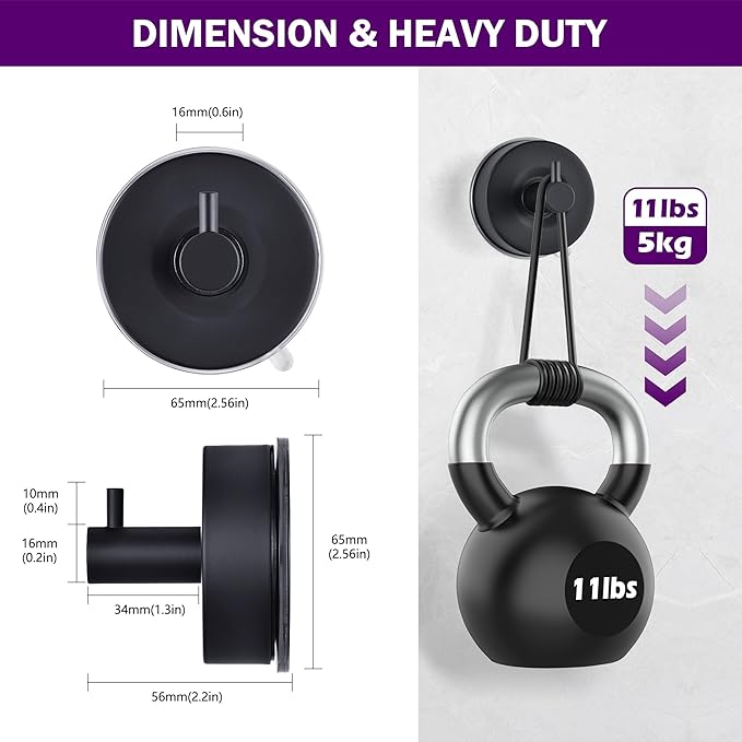 JOMOLA Stainless Steel Bathroom Suction Hooks - No Drill Adhesive-Free Wall Mount for Shower, Towel & Robe, Rustproof Metal Hardware with Damage-Free Grip, Matte Black (4-Pack)