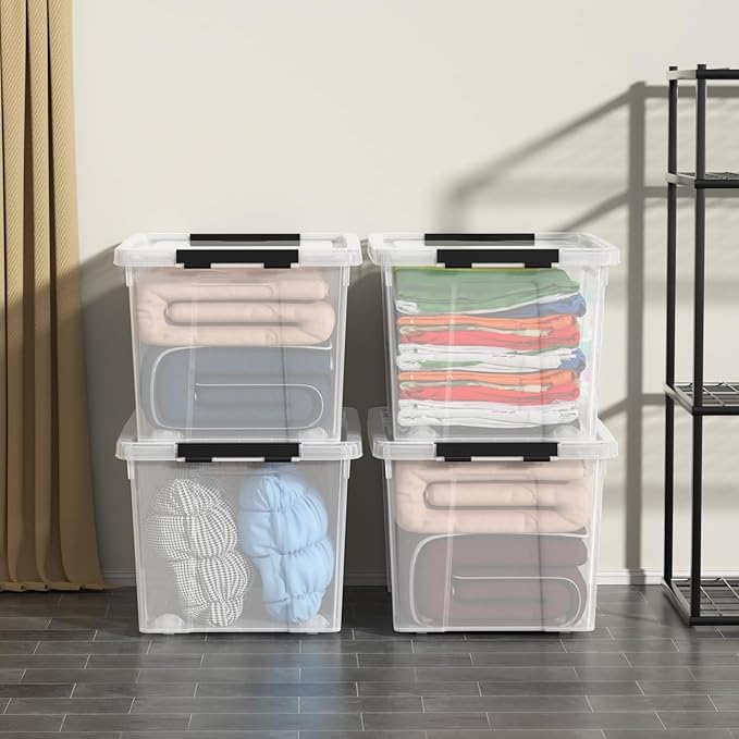 4 Pack Large Clear Plastic Storage Bins with Latching Lids, 50 Quart Plastic Storage Container with Wheels, Clear