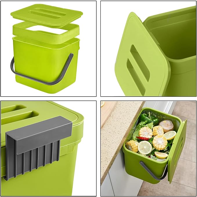 LALASTAR 1.8 Gallon Hanging Trash Can, Green, Plastic, Compost Bin Indoor Kitchen Sealed, Small Trash Can with Lid, Mountable