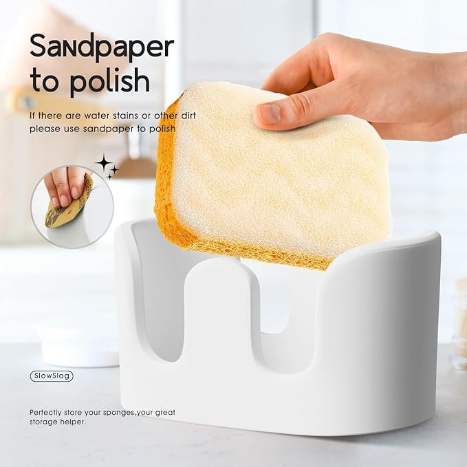 2 Pack Double Sponge Holder, Diatomite Stone Absorbent Sponge Stand for Kitchen Sink - Quick Dry Organizer for Kitchen Countertop, White