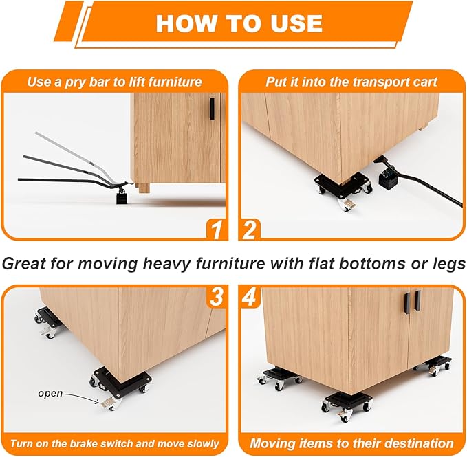 Furniture Dolly 5 Wheels Heavy Duty with Removable Side Guards,3307 Lbs Capacity,360° Rotating Wheels & Tail Brake,Furniture Movers Lifter Tool for Sofas,Beds, Appliances,–Stable,Safe,and Easy to Use