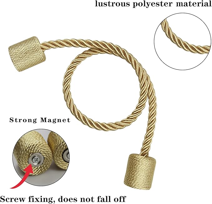 2 Pack Strong Magnetic Curtain Tiebacks Outdoor Elegant Decorative Tie Backs Modern Rope Tiebacks for Drapes Window Curtain Holdbacks for Draperies- Gold