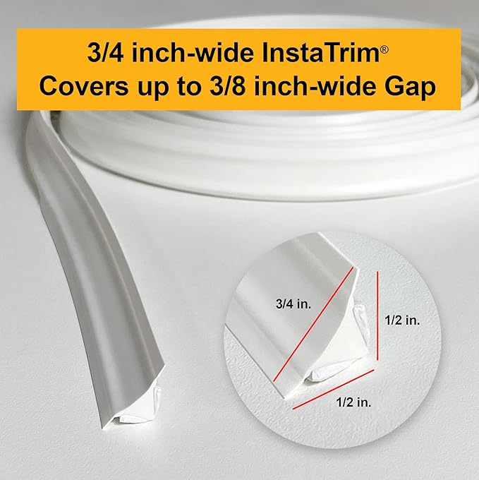 InstaTrim The Original Flexible Trim - 50ft White 3/4" Wide Caulk Tape - Adhesive Trim with Many Uses Including Caulking for Bathtubs, Sinks, Counters, Tile, Floors - Made in USA