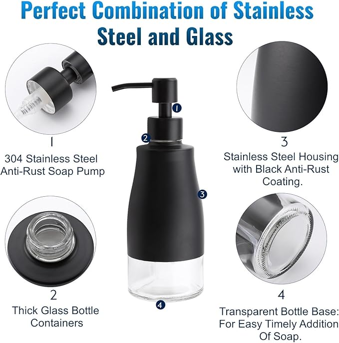 Gaussra Black Soap Dispenser with Coaster and Stickers, Dish Soap Dispenser for Kitchen, Hand Soap Dispenser for Bathroom, 304 Stainless Steel Glass Lotion Dispenser (2 Pack)