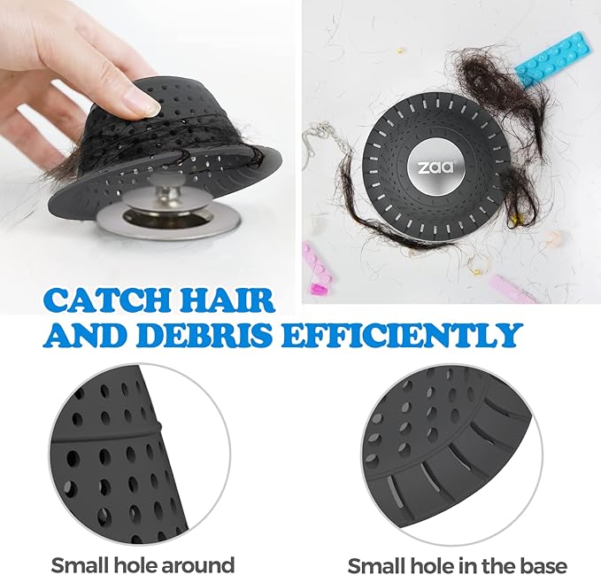 zaa Bathtub Drain Hair Catcher, 2 Pack Silicone Collapsible Bathtub Drain Cover Hair Catcher & Protector for Pop-Up & Regular Drains of Shower, Bathtub, Tub, Bathroom, Sink, Black Black
