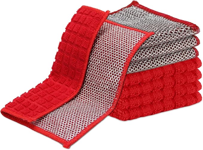 Dish Rags for Washing Dishes 8 Pack Multipurpose Wire Miracle Cleaning Coths Non-Scratch Wire Dishwashing Rag Lint Free Microfiber Cleaning Cloth for Kitchen Windows (Red)