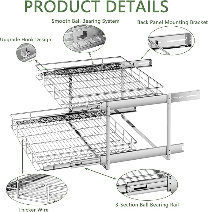 2 Tier Individual Pull Out Cabinet Organizer 30" W x 21½" D, Heavy Duty Cabinet Pull Out Shelves, Slide Out Drawers Organization for Kitchen Cabinets Bathroom