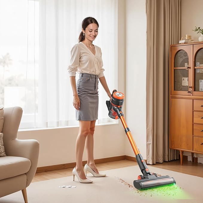 VEVOR Cordless Vacuum Cleaner, 40KPA Max Suction, Rechargeable Anti-Tangle Stick Vacuum with LED Display Screen, Lightweight Handheld Vac with 47mins Runtime for Home, Carpet, Pet Hair, Hard Floor