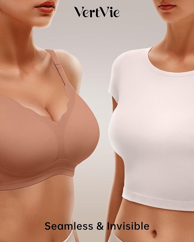 Vertvie Womens Seamless Bras No Underwire Supportive Wireless Push Up Full Coverage Bralette Comfort Scalloped T-Shirt Bra
