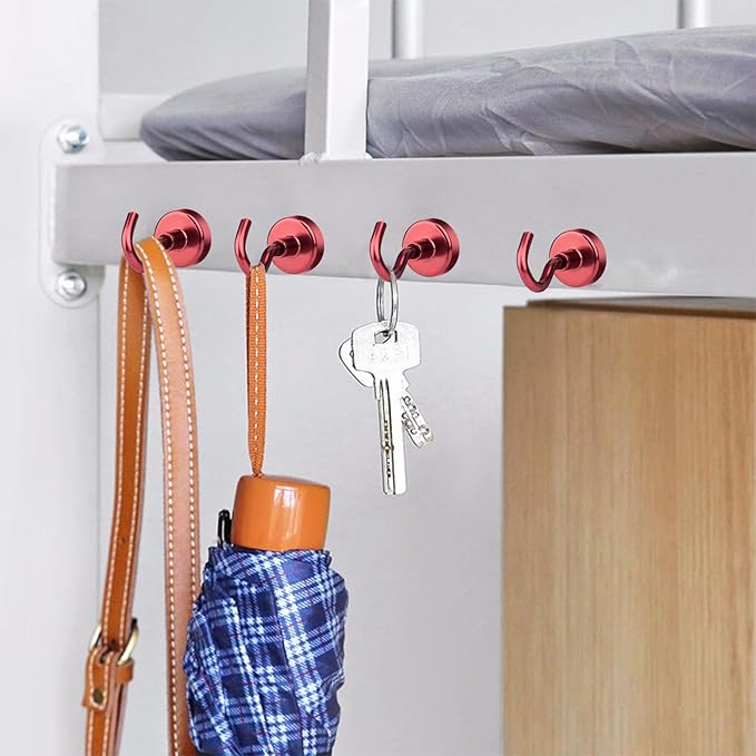MIKEDE Magnetic Hooks Heavy Duty, 28LB+ Strong Magnets with Hook for Fridge, Neodymium Extra Strength Industrial Hooks for Hanging, Magnetic Hanger for Toolbox, Cruise, Grill(Red,4 Pack)