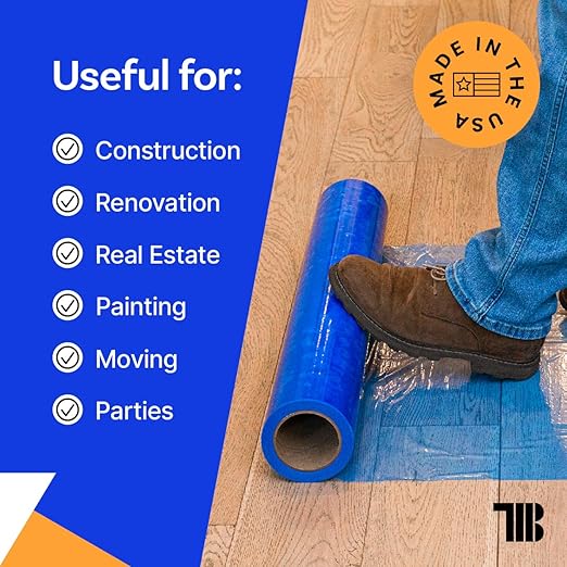 Floor Protection Film, 48" x 200', Made in USA, Blue Self Adhesive Floor Protector Tape for Moving, Painting and Construction, Temporary Covering to Shield Hardwood, Tile, Hard Surfaces