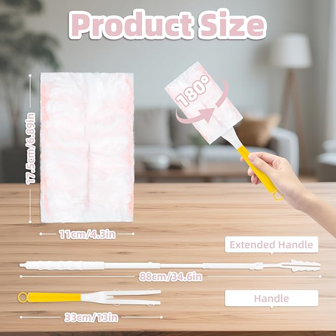 52 Count Disposable Duster Refills for Cleaning, 180° Dusters Refills Compatible with Swiffer (Pink, 50 Count Dust Removal Brushes + 1 Standard Handle + 1 Extended Handle)