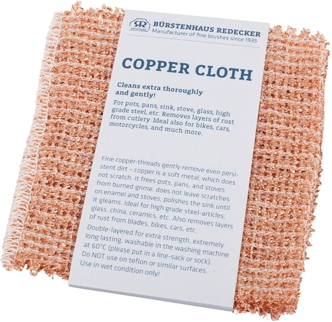 Redecker Real Copper Cleaning Cloths – Scratch-Free 2-Ply Woven Copper Scrub Pads for Pots, Pans, Sinks, Glass & Stainless Steel – Reusable, Machine Washable, Durable, Eco-Friendly – Set of 2