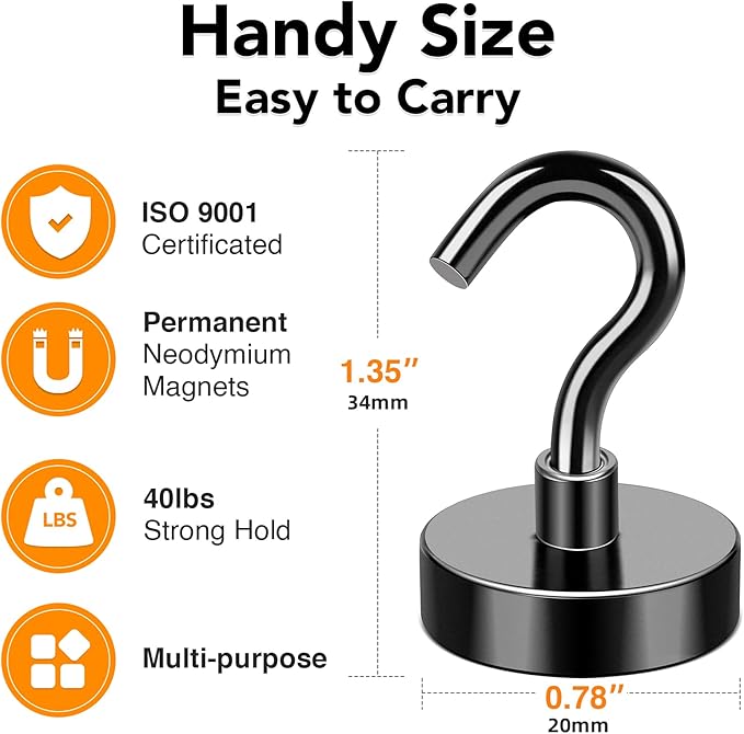 MIKEDE Magnetic Hooks, 40LB+ Heavy Duty Magnet Hooks for Cruise Cabins, Super Neodymium Hanging Hooks Black Strong Magnets with Hook for Fridge, Magnetic Hanger for Grill, Toolbox - Pack of 4
