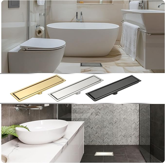uxcell Rectangular Shower Drain, Brushed 304 Stainless Steel Odor-Proof Floor Drain Linear Shower Drain Hair Catcher for Bathroom Kitchen and Laundry Room(12 Inch, Gold)