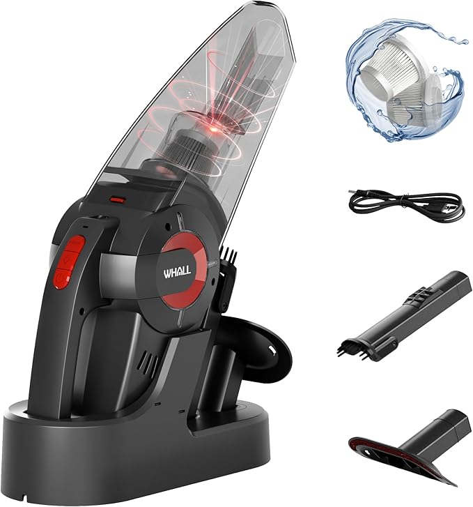 whall Handheld Cordless Car Vacuums, Wet and Dry Use 9000Pa Strong Suction Vacuums, Rechargeable Portable Vacuum Cleaner with LED, Charging Dock, Lightweight Mini Vacuum for Car, Home and Office, Red