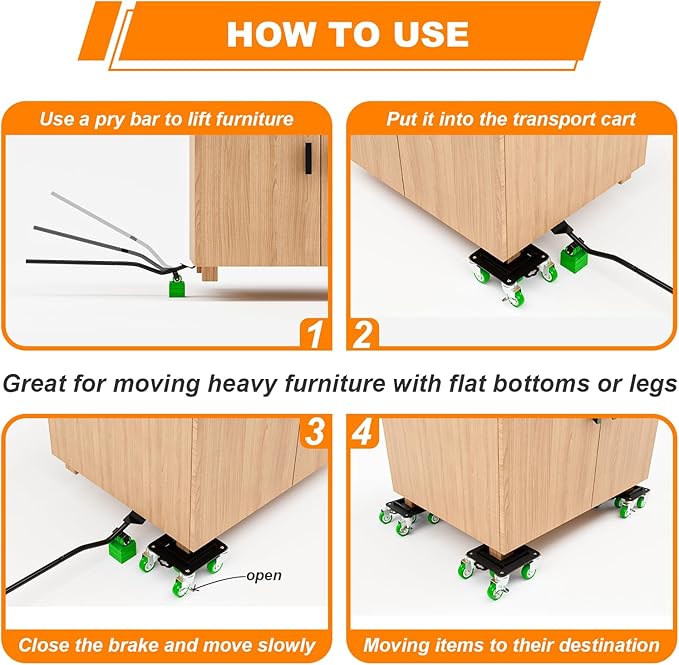 Furniture Dolly 5 Wheels Heavy Duty with Removable Side Guards,3307 Lbs Capacity,360° Rotating Wheels & Tail Brake,Furniture Movers Lifter Tool for Sofas,Beds, Appliances,–Stable,Safe,and Easy to Use