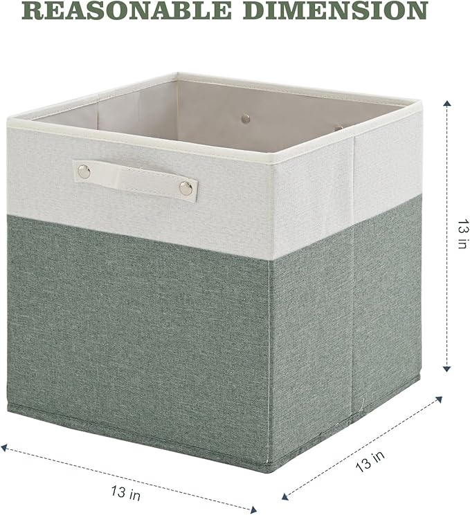 13 x 13 Inch Fine Linen Storage Bins with Handles，Fabric Cube Boxs，Collapsible Basket Organizers for Shelves for Home, Closet Drawers (White/Green-4 Pack )