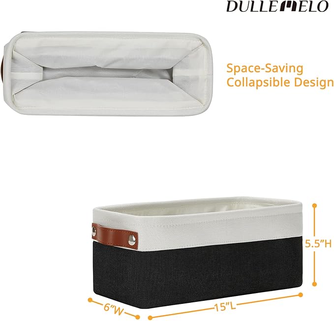 DULLEMELO Toilet Paper Storage Basket with Leather Handles, for Back of Toilet, Bathroom Storage for Towels & Paper (White & Black)