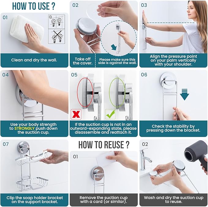TAILI Double Layer Soap Dish Holder, Bar Soap Tray Suction Cup for Shower Wall, Draining for Bathroom, Rustproof Stainless Steel Sponge Holder for Tub, Kitchen, Drill-Free, Silver