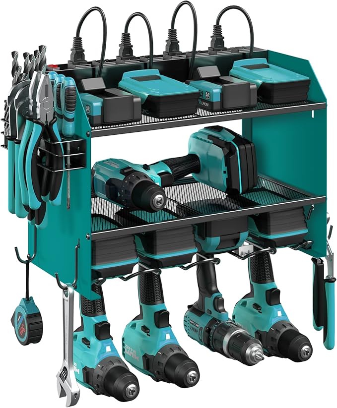 CCCEI Modular Power Tool Organizer Wall Mount with Charging Station. Garage 4 Drill Storage Shelf with Hooks, Drill Bit Heavy Duty Rack, Navy Blue Tool Battery Holder Built in 8 Outlet Power Strip.