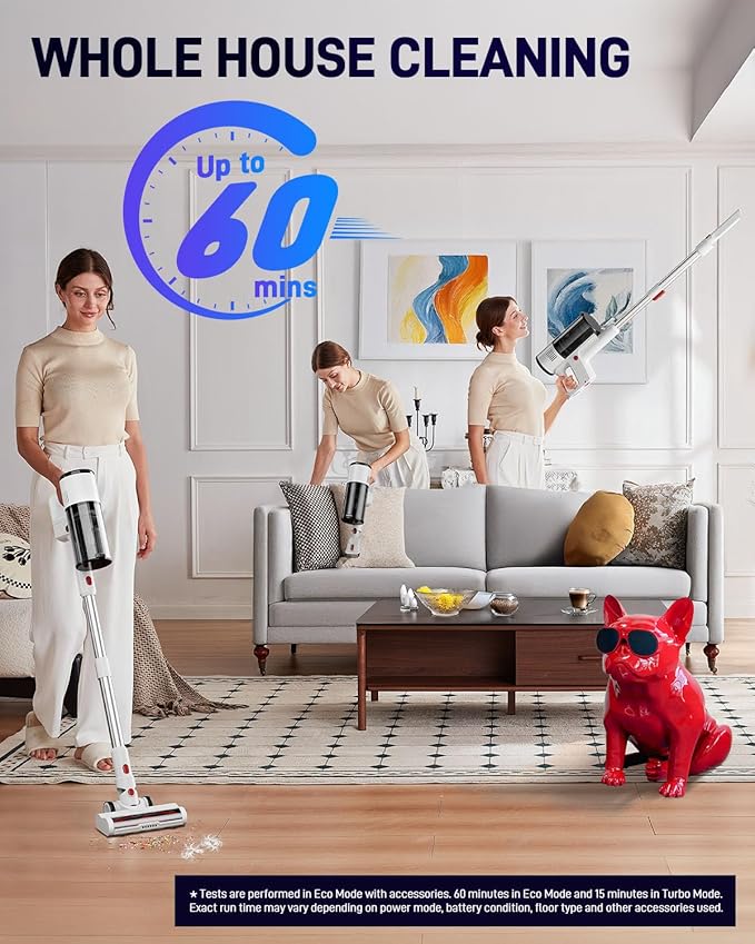 Vacuum Cleaners for Home, Cordless Vacuum Cleaners, 550W 45KPA Stick Handheld Vacuum with Rechargeable Battery, Up to 60 Mins Runtime Household Vac, for Carpet, Hardwood, Pet Hair (White)