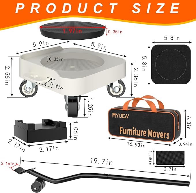 MUEA Furniture Dolly,Heavy-Duty Furniture Movers with Removable Center Pad,Non-Slip L-Edge & TPR Wheels,Moving for Round/Flat Leg Furniture–Includes Pry Bar,Gloves,Mat and Storage Bag(1200LBS)