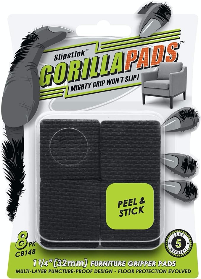Slipstick GorillaPads CB148 Non Slip Furniture Pads/Rubber Gripper Feet (Set of 8) Self Adhesive Anti-Skid Floor Protectors, 1-1/4 inch Square, Black