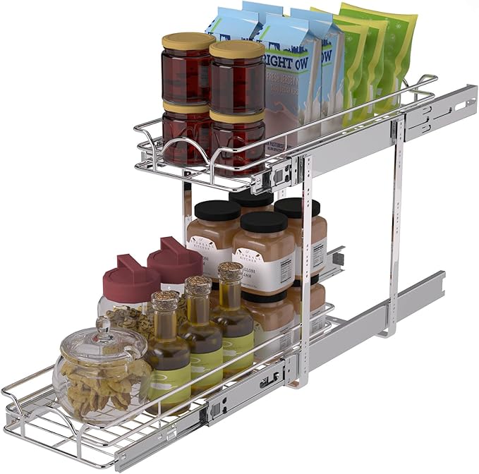 OCG 2 Tier Pull Out Cabinet Organizer (9.5" W x 21" D), Pull Out Drawers for Kitchen Cabinets, Pull Out Shelves for Base Cabinet Organization in Kitchen Bathroom Pantry, Chrome Finish