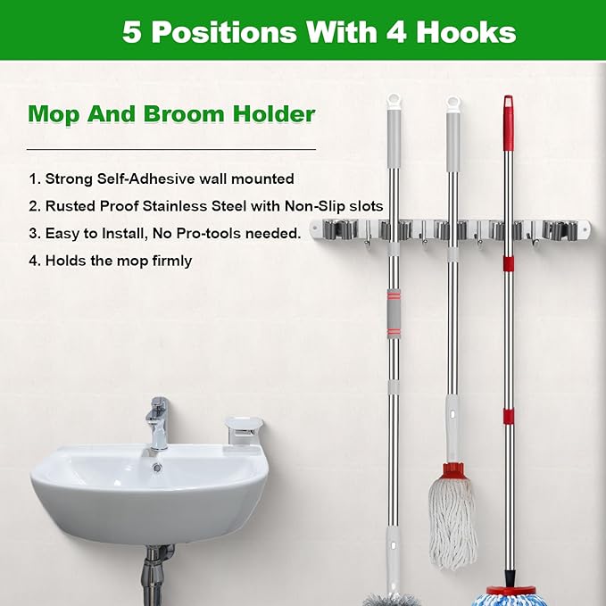 voze [2 Pack] 5 Racks and 4 Hooks Mop and Broom Holder Wall Mount, Self Adhesive Heavy Duty Broom Organizer Storage Tool Racks for Kitchen Garden Laundry Garage, Silver