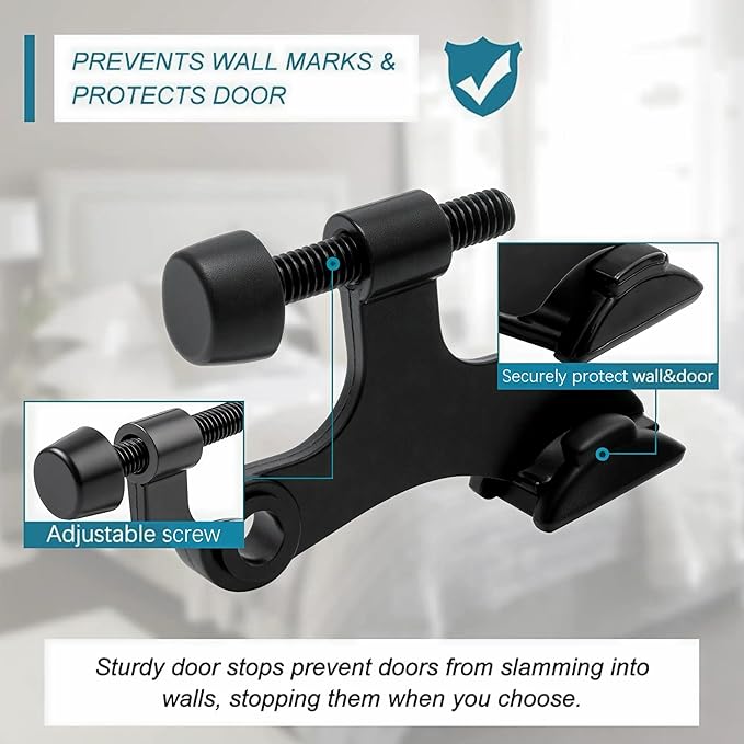 12 Pack Hinge Pin Black Door Stopper, Adjustable Heavy Duty Hinge Pin Door Stop with Black Rubber Bumper Tips