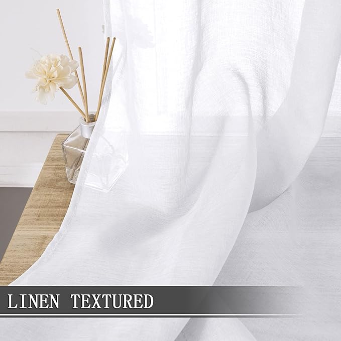 Tollpiz Sheer Curtains Linen Textured Bedroom Curtain Sheers Light Filtering Rod Pocket Voile Curtains for Living Room, 54 x 84 inches Long, White, Set of 2 Panels