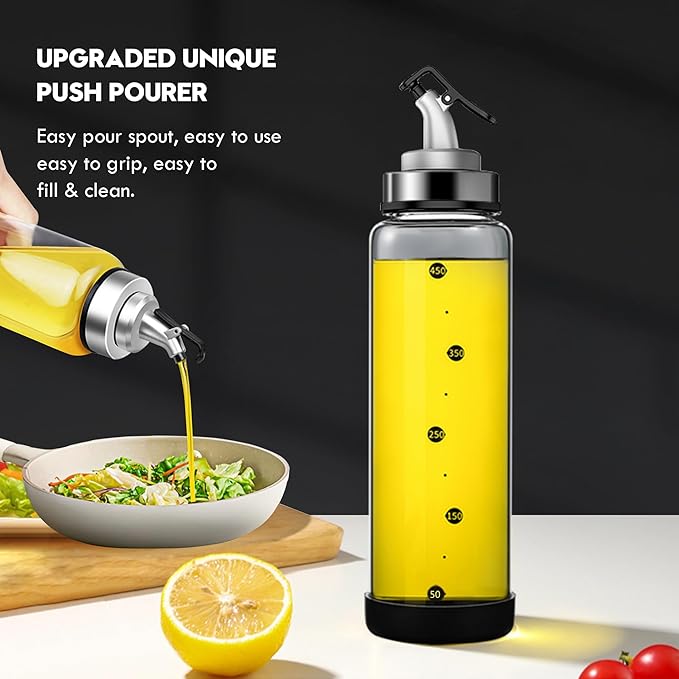 Glass Olive Oil Dispenser Bottle with Leakproof Pourer Spout and Shatterproof Rubber Bottom, Cooking Oil Dispenser Bottle for Kitchen 17 oz Heat Resistant Olive Oil Bottle
