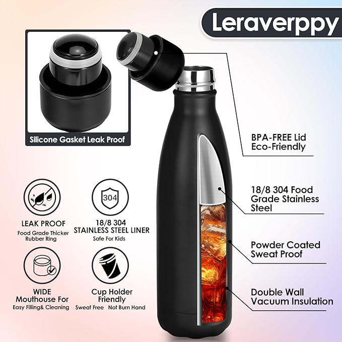 25oz Cola-Bottle Shaped Stainless Steel Leak-proof Water Bottle,Double Wall Vacuum Insulated Metal,Travel Mug For Sports Indoors & Outdoors,BPA-Free School Kids Flasks,Black(2 Pack）