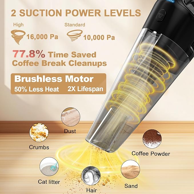 Handheld Vacuum Cordless Rechargeable with Charging Dock - 16000Pa Ultra-Strong Suction, Portable & Lightweight, Fast Charging, LED Light, 0.8L Super-Large Dust Cup, Long Battery Life for Home