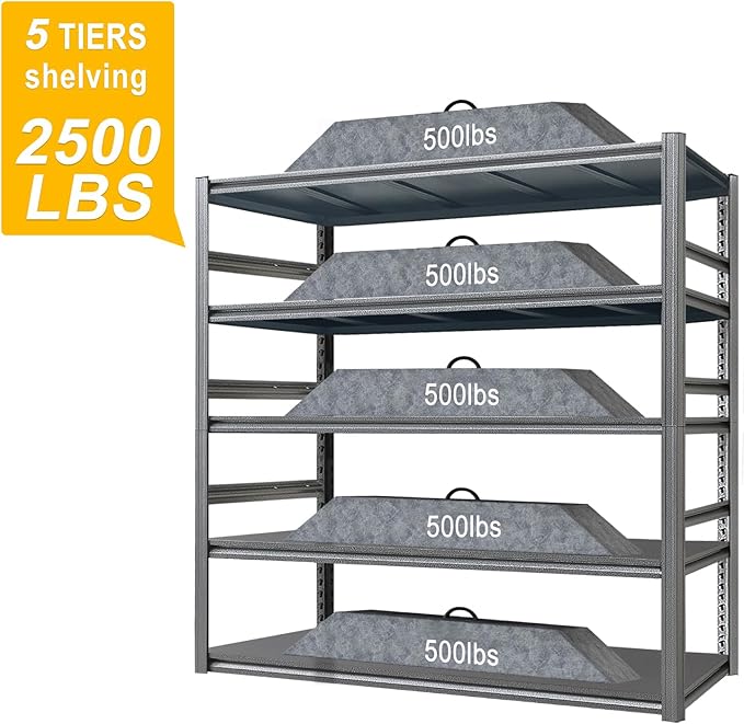 Storage Shelf 5-Tier Garage Shelving, Industrial Shelving with Guardrails, 2500LB Boltless Metal Shelves Heavy Duty for Storage Room, 18" D x 47.2" W x 72" H, Iron Black 2 Pack