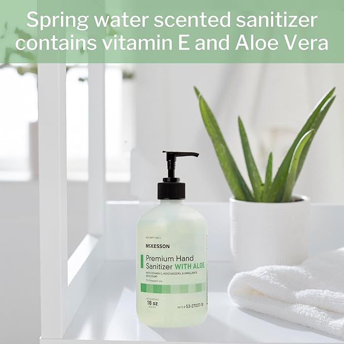 McKesson Hand Sanitizer with Aloe, 18 oz Pump Bottle [Pack of 2] – 70% Ethyl Alcohol, Spring Water Scent, No-Rinse Gel with Vitamin E and Moisturizers, Medical-Grade Sanitizer