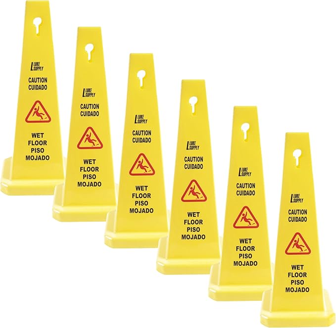 MATTHEW CLEANING 6 Packs 36” Caution Wet Floor Safety Cones for Indoors and Outdoors,Bright Yellow Caution Wet Floor Sign,4-Sided Bilingual Signs,Avoid Fall & Slip Accident