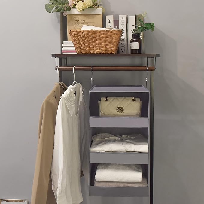 GRANNY SAYS 3-Shelf Closet Organizers and Storage, Foldable Hanging Closet Organizer, Hanging Closet Shelves with 2 Metal Hooks, Leak-Proof Closet Hanging Organizer for Locker & Camper, Gray, 2-Pack