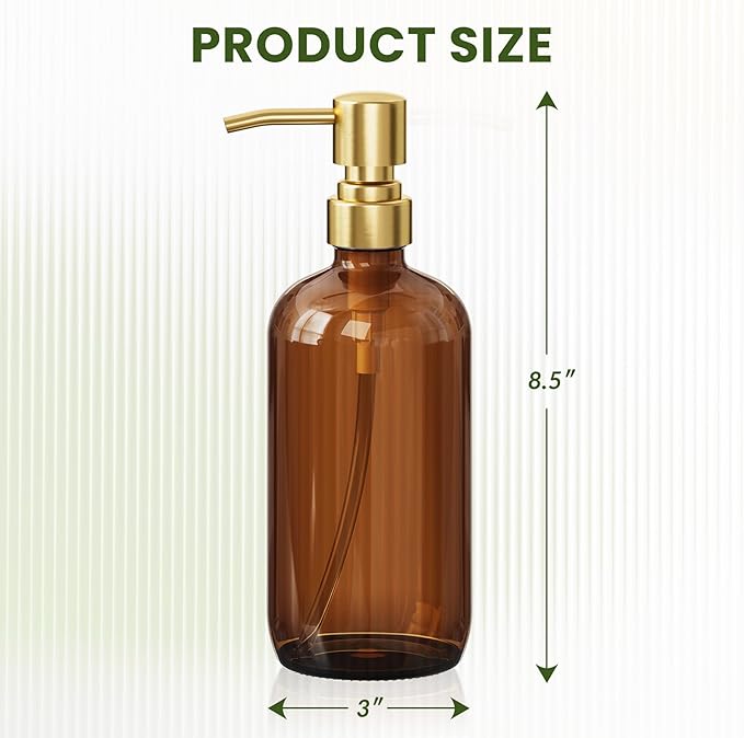 AmazerBath Amber Glass Soap Dispenser, 2 Pack Vintage Brown Bottle with Stainless Steel Pump,17 Oz Hand Dish Soap Dispenser Bottle, Modern Soap Dispensers for Bathroom Kitchen