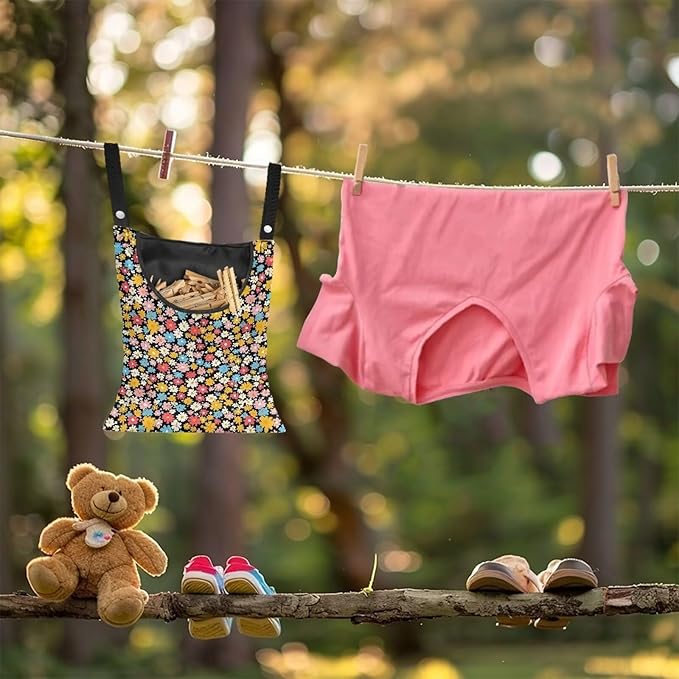 Clothes Pin Hanging Bag, Large Capacity Clothespin Bag with A Large Opening, Clothes Pin Hanging Bag Space-Saving Organize for Clothesline Outdoor - Hippie Flower Pattern