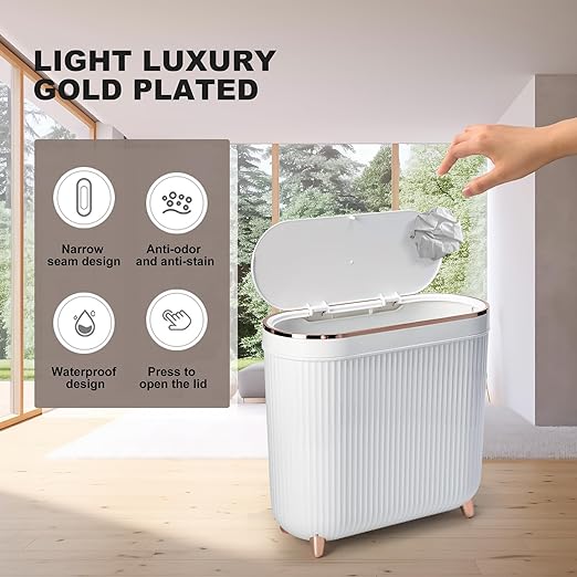Bathroom Trash Can with Lid 3.2 Gallon Narrow Trash Can Small Plastic Trash Bin 12 Liter Rectangular Plastic Garbage Can with Press Type Lid for Bedroom Bathroom Milk White