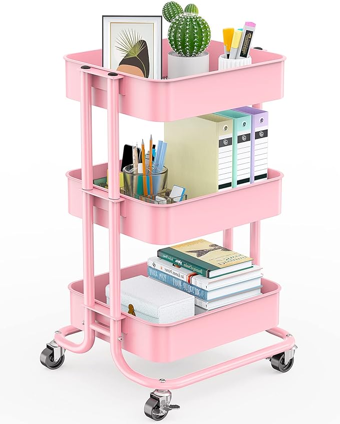 Pipishell 3-Tier Metal Rolling Utility Cart, Heavy-Duty Storage Cart with 2 Lockable Wheels, Multifunctional Mesh Organization Cart for Kitchen Dining Room Living Room (Pink)