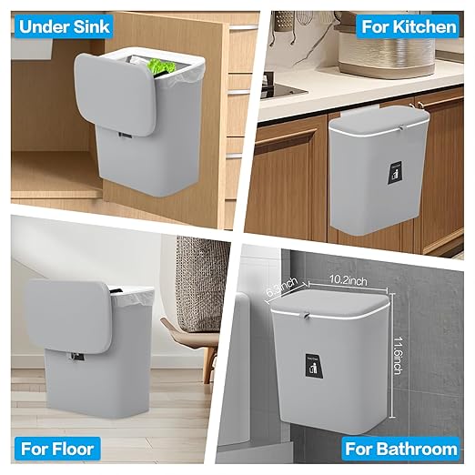 Compost Bin for Kitchen -2.4 Gallons/9L Trash Can for Under Sink,Hanging Small Trash Can with Lid for Bathroom/Bedroom, Indoor Compost Bucket (Grey)